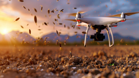A striking drone captures the essence of modern agriculture, showcasing soil and seeds in motion at sunset. This scene highlights the intersection of technology and nature.の素材