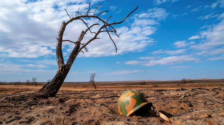 A striking image of a military helmet resting on dry earth, symbolizing loss in a vast, arid landscape dominated by sparse vegetation and a lonely tree.の素材
