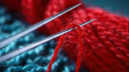 This close-up photograph captures the intricate process of threading a red thread through a needle, set against vibrant textiles, showcasing the art of sewing.の素材