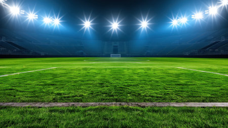 A stunning view of an empty sports stadium field illuminated by bright floodlights under a night sky, ready for an exciting game and vibrant atmosphere.の素材