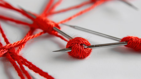 This image showcases a detailed close-up of vibrant red threads intricately woven with metallic needles, set against a crisp white background. Perfect for craft and sewing inspiration.の素材