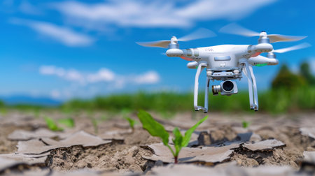A drone equipped with a camera hovers above a patch of fertile soil with a young green plant, highlighting the intersection of technology and agriculture under a vibrant blue sky.の素材