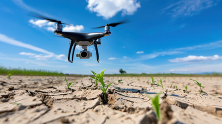 A drone hovers above a dry cracked land, observing the young shoots of plants breaking through the surface, illustrating agricultural innovation and environmental monitoring.の素材