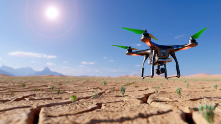 A drone hovers above a cracked desert landscape, showcasing sparse greenery and dry terrain under a bright sun. The clear sky enhances the vibrant colors.の素材