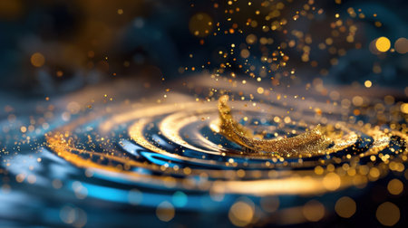 A stunning image of a water splash surrounded by shimmering golden particles, creating intricate circular ripples in a blue liquid background.の素材