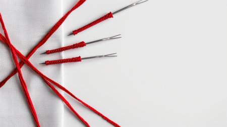 A collection of sewing tools featuring red threads and needles arranged artistically on white fabric, perfect for crafting and tailoring inspiration.の素材
