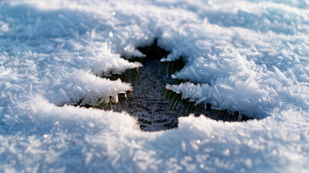 Beautiful close-up of intricate frost patterns covering a leaf, surrounded by delicate snow crystals in a serene winter landscape scene.の素材