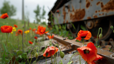 A striking close-up of vibrant red poppies growing beside rusted train tracks, showcasing the beauty of nature reclaiming industrial remnants.の素材