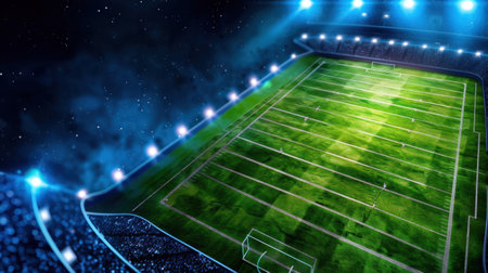 This stunning aerial view captures a modern soccer stadium illuminated by bright lights under a starry night sky, showcasing the vibrant green field and thrilling atmosphere.の素材