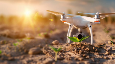 A drone hovers near a green seedling in fertile soil, capturing the essence of technology in agriculture during a vibrant sunrise, symbolizing innovation.の素材