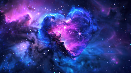 This stunning image showcases a heart-shaped nebula bursting with vibrant colors and intricate details, capturing the magic of the cosmos in an artistic representation.の素材