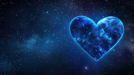 A stunning cosmic heart shape glows amidst a starry sky filled with deep blue nebula and galaxy elements. Perfect for conveying love and romance.の素材