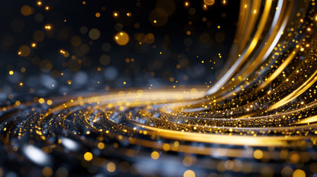 This captivating image features shimmering gold waves flowing gracefully with sparkling particles and soft bokeh effects against a dark background, creating a sense of elegance and luxury.の素材