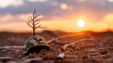 A powerful image depicting a tree growing from a military helmet in a barren landscape, symbolizing hope and renewal amidst the backdrop of war and destruction.の素材