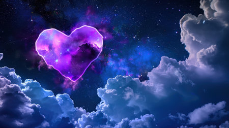 This enchanting image features a glowing purple heart shape amidst a starry cosmic background, surrounded by soft clouds. Perfect for themes of love and fantasy.の素材