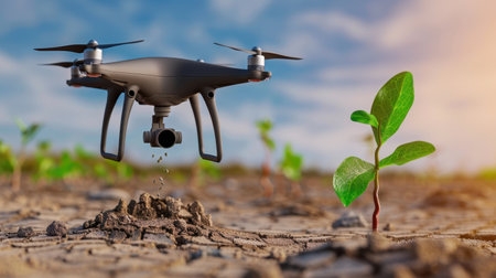 A drone hovers above a young plant in dry soil, showcasing modern technology's role in agriculture and sustainable growth practices in farming.の素材