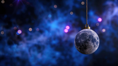 This enchanting image features a moon ornament elegantly hanging in space, surrounded by stars and nebulae, creating a mesmerizing cosmic scene.の素材