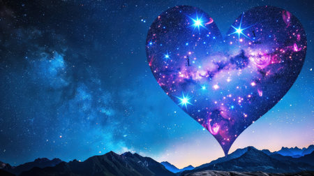 A captivating cosmic heart reveals a stunning display of the galaxy against a serene night sky over majestic mountains, evoking feelings of love and wonder.の素材