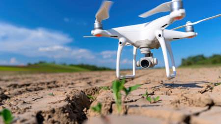A drone hovers above an agricultural field, capturing stunning aerial views with clear blue sky and vibrant green surroundings, showcasing modern farming techniques.の素材