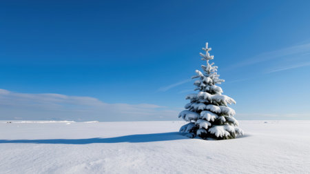 A stunning winter scene featuring a single evergreen tree blanketed in thick snow against a vibrant blue sky, creating a serene atmosphere ideal for winter-themed visuals.の素材