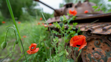 This image captures an abandoned tank surrounded by vibrant red poppies, emphasizing the beauty of nature reclaiming a historical relic in a tranquil environment.の素材