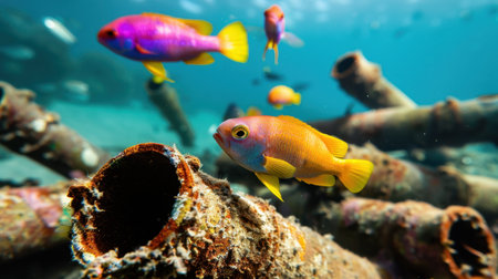 A vibrant underwater scene featuring colorful fish swimming gracefully among rusted pipes and coral formations, showcasing marine beauty and ecosystem diversity.の素材