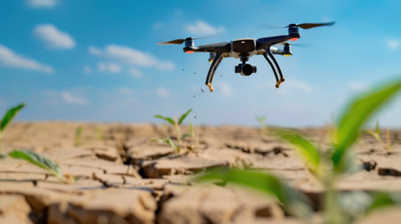 A drone captures an aerial view over dry, cracked soil with small green plants emerging, showcasing the intersection of technology and agriculture in modern farming practices.の素材