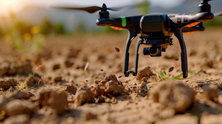 A close-up view of a drone flying over a cultivated field during sunset, showcasing agricultural technology at work with soil particles rising around it.の素材
