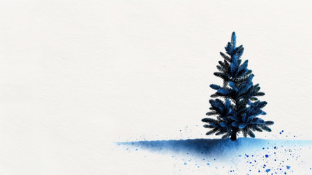 This striking watercolor artwork features a single green pine tree in blue hues set against a crisp white background, embodying winter tranquility.の素材