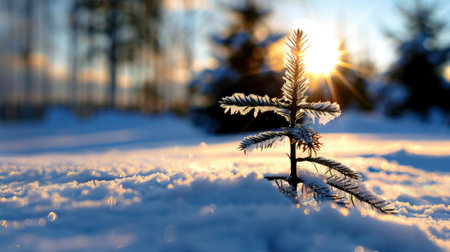 A serene image of a small pine seedling covered in snow, illuminated by sparkling sunlight against a blurry winter forest background, capturing the beauty of nature.の素材