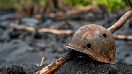 An evocative image of a rusty military helmet resting on the ground, nestled among debris and natural elements, symbolizing remnants of war and history.の素材
