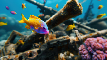 A vibrant display of colorful tropical fish swimming gracefully around a submerged shipwreck, showcasing the beauty of coral and marine life in the ocean.の素材
