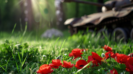 A serene image featuring bright red poppies in a green meadow, with a vintage military tank softly illuminated by sunlight, symbolizing peace amidst conflict.の素材