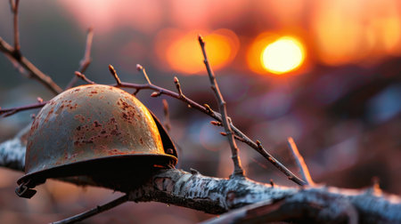 A close-up image of a rusty military helmet resting on a bare branch, set against a stunning sunset backdrop. The warm colors evoke emotions of reflection and nostalgia.の素材