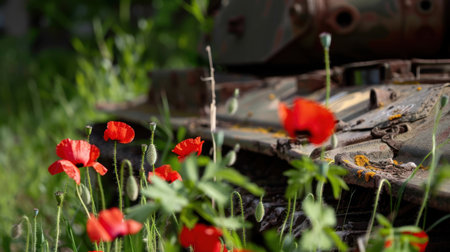 A striking scene showcasing vibrant red poppies blooming around an abandoned military tank, illustrating the contrast between nature and history in a lush green environment.の素材