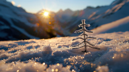 A stunning close-up of a frosted miniature tree in a snowy landscape, capturing the warmth of the sunrise against cold mountain peaks, invoking peace.の素材