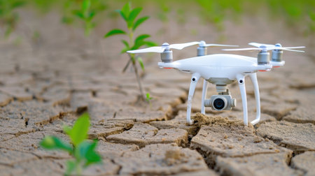 A drone sits on cracked soil in a drought-affected area, surrounded by young green plants. This image highlights the intersection of technology and agriculture, showcasing monitoring approaches for environmental change.の素材