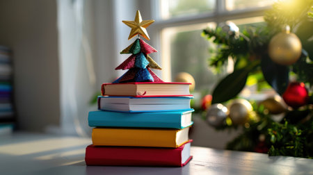 A vibrant display of colorful stacked books topped with a miniature Christmas tree, creating a festive atmosphere perfect for cozy holiday moments.の素材