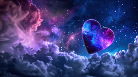 This stunning image features a heart-shaped cloud illuminated by vibrant galaxies and stars in a dreamy night sky, evoking feelings of love and wonder.の素材