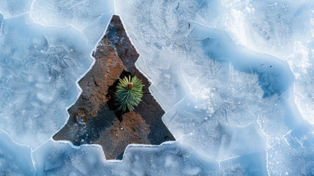 A striking image of a pine tree sprouting through ice captures the beauty and resilience of nature in a cold winter landscape. This unique composition showcases the interplay between life and frost.の素材