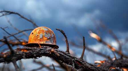 A rusty helmet rests on a charred branch, set against a dark, stormy sky. This evocative image captures themes of conflict, resilience, and the haunting beauty of natureの素材