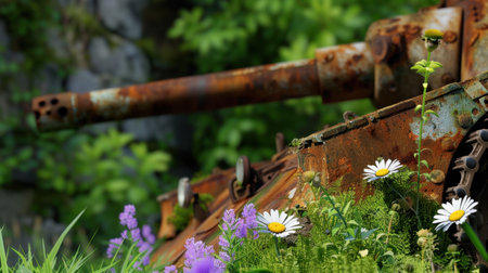 A close-up scene capturing a rusty tank amidst vibrant wildflowers and lush green foliage, symbolizing nature reclaiming man-made relics.の素材