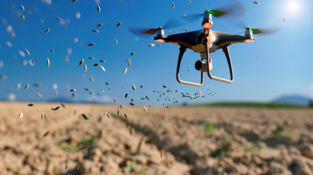 A drone hovers above a farm field, sowing seeds into the soil beneath a clear blue sky, showcasing modern agricultural technology and precision farming.の素材
