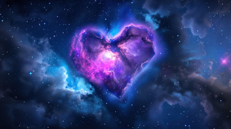 This captivating cosmic heart design features a vibrant nebula surrounded by sparkling stars, showcasing ethereal beauty in deep space.の素材
