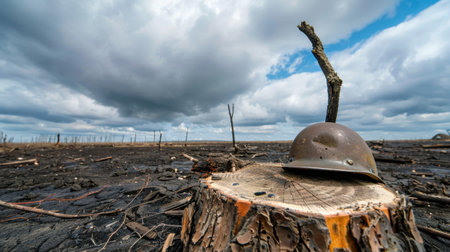 A poignant scene showcases a military helmet resting atop a tree stump in a charred landscape. The dramatic sky looms overhead, hinting at past battles.の素材