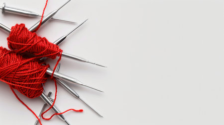 This detailed close-up image showcases vibrant red thread and sewing needles, perfect for illustrating textile projects, crafts, and DIY arts.の素材