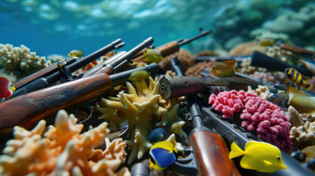 This striking underwater image showcases a stark contrast between marine beauty and human artifacts, featuring guns nestled among vibrant corals and colorful fish.の素材