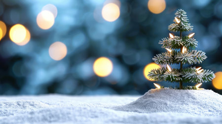 A charming Christmas tree adorned with soft lights stands on a snowy surface, showcasing a magical winter atmosphere with bokeh effects.の素材