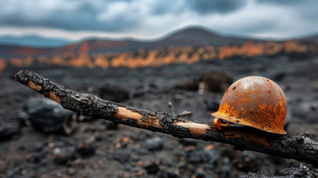 A rusty helmet perched on a fallen branch amidst a barren volcanic landscape, framed by dramatic cloud-filled skies, evokes nostalgia and reflection.の素材