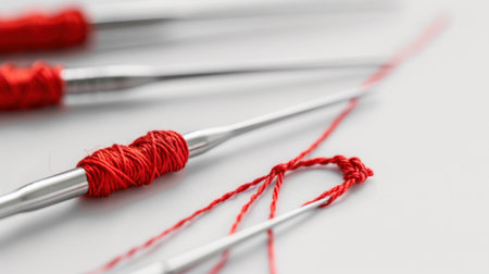 A close-up view showcasing silver needles intertwined with vibrant red thread against a blank white background, perfect for all sewing and crafting needs.の素材